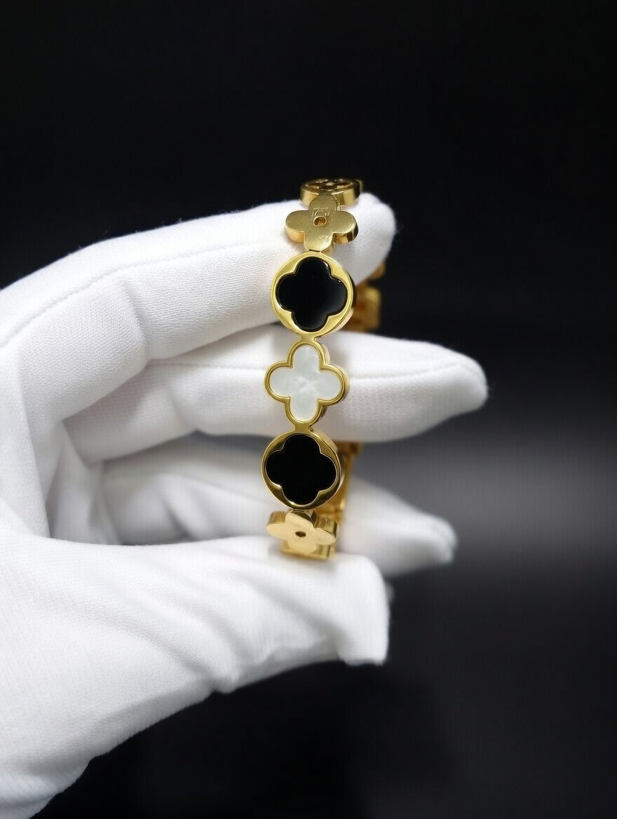 Gold Plated Black & White Clover Bracelet
