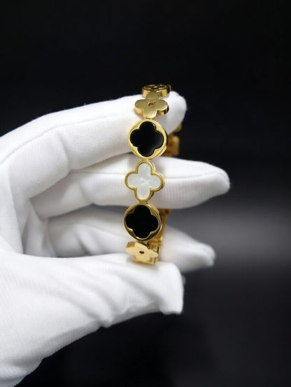 Gold Plated Black & White Clover Bracelet