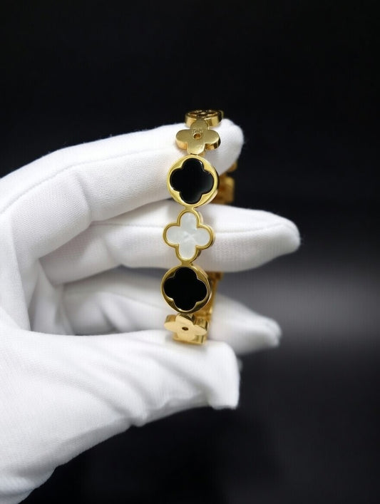 Gold Plated Black & White Clover Bracelet