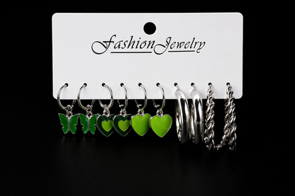 Green Heart Multi Hoop Earrings Set  💚