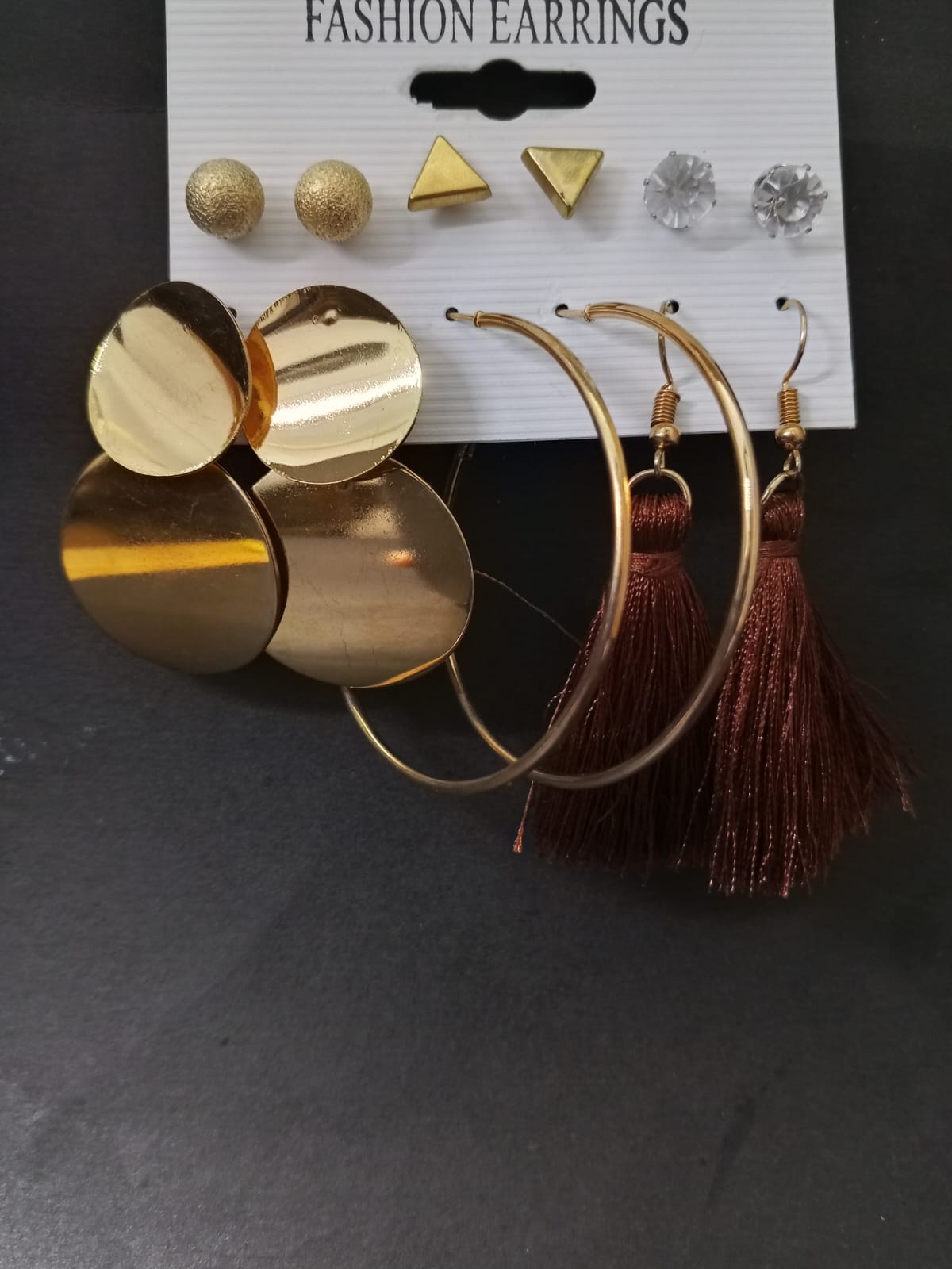 Premium Gold Disc Brown Tassel Earrings Set