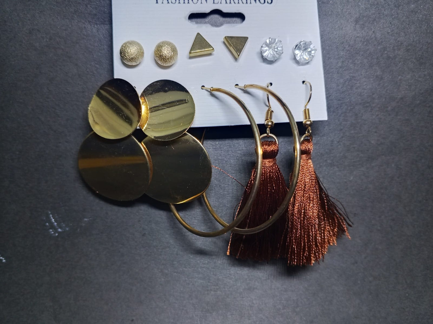 Premium Gold Disc Brown Tassel Earrings Set