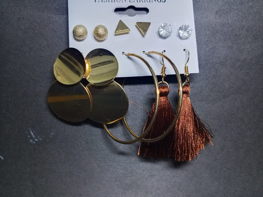 Premium Gold Disc Brown Tassel Earrings Set