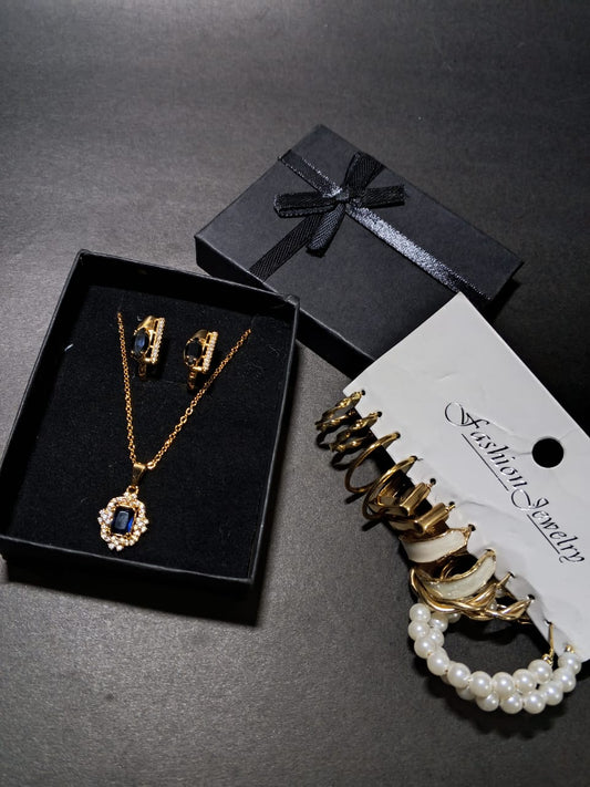 Combo Deal- Sapphire Elegant Necklace Set with 6 Pair of Different Earrings Set