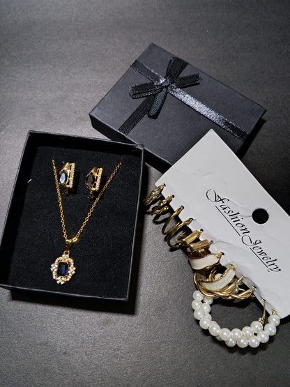 Combo Deal- Sapphire Elegant Necklace Set with 6 Pair of Different Earrings Set